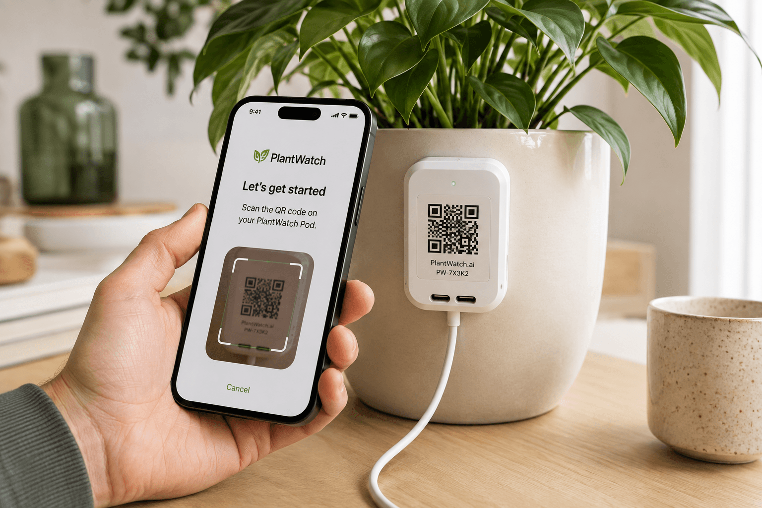 Scanning the PlantWatch Pod QR code during onboarding