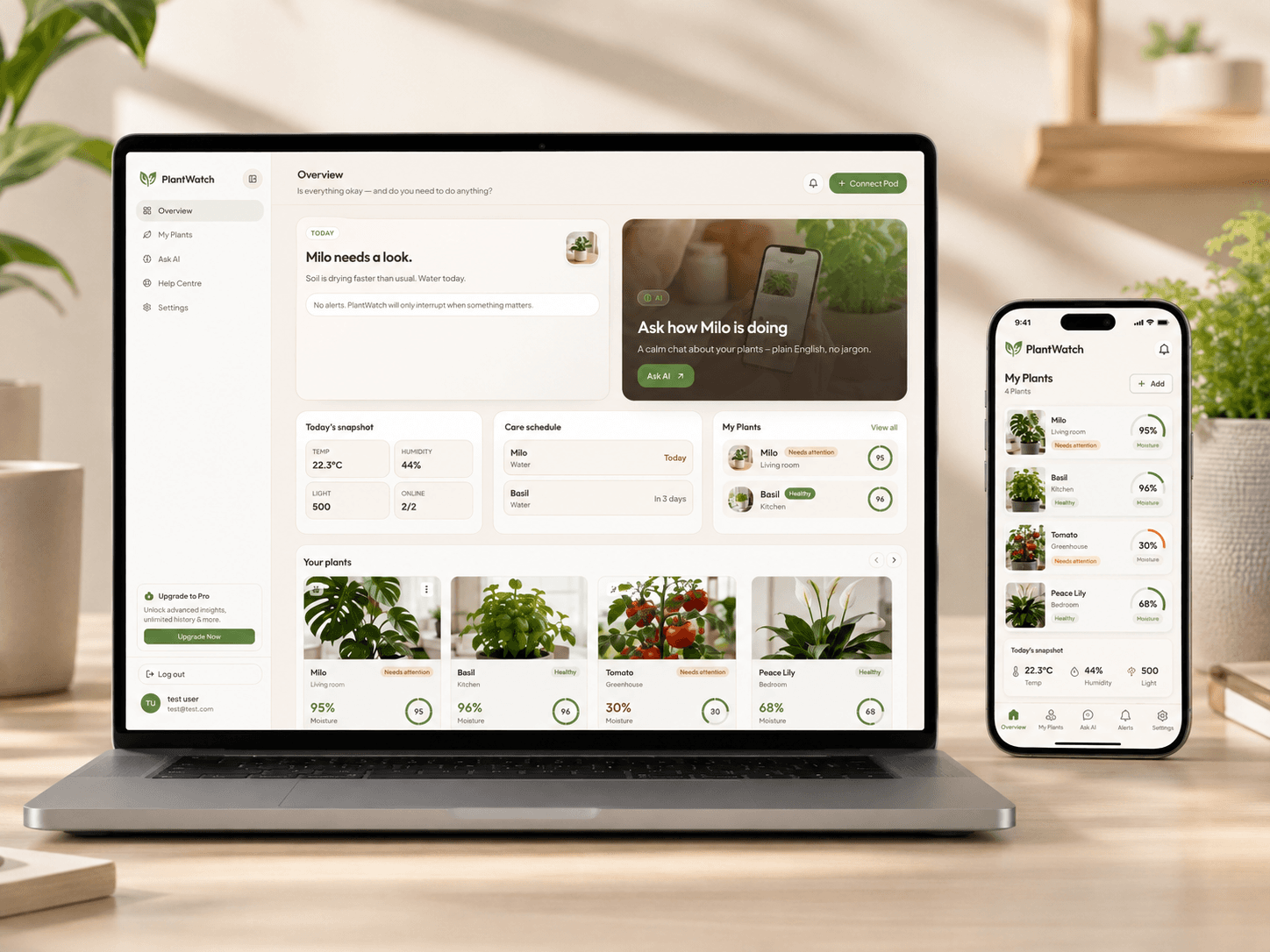 PlantWatch responsive dashboard on laptop and phone showing plant status and alerts